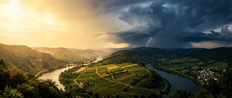 Flussschleife mit Weinbergen im Kontrast zwischen goldenem Sonnenlicht und einer dunklen Gewitterfront mit Blitz